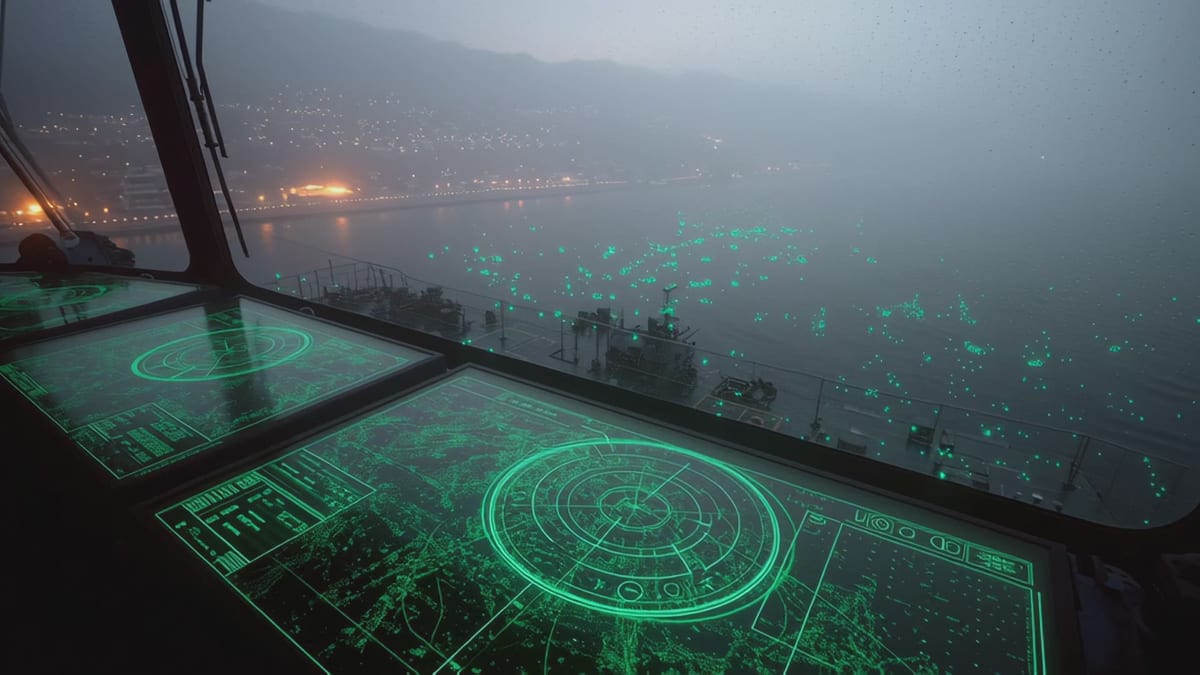 Ship bridge at night with digital overlays on the windows